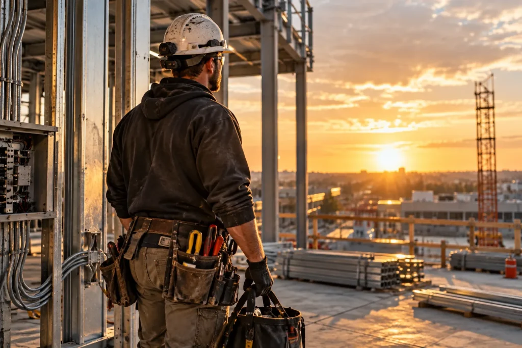 Electrician overlooking a construction site at the end of the workday