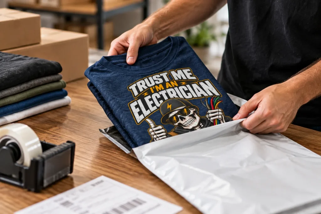Worker packaging a Forge & Field graphic T-shirt for shipment