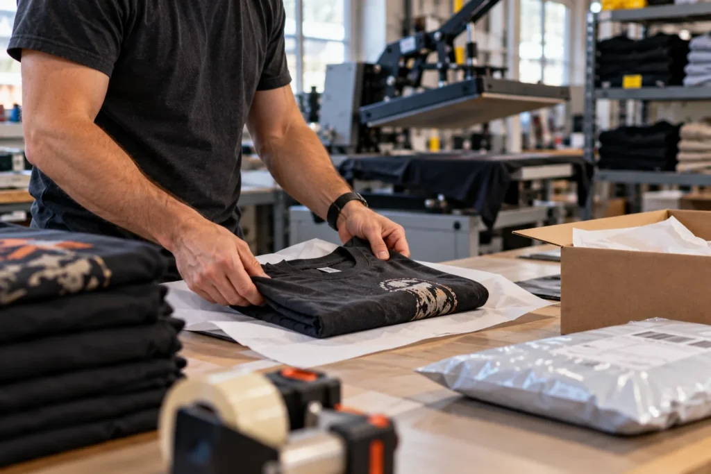 Worker preparing a printed T-shirt for packaging at an apparel fulfillment facility