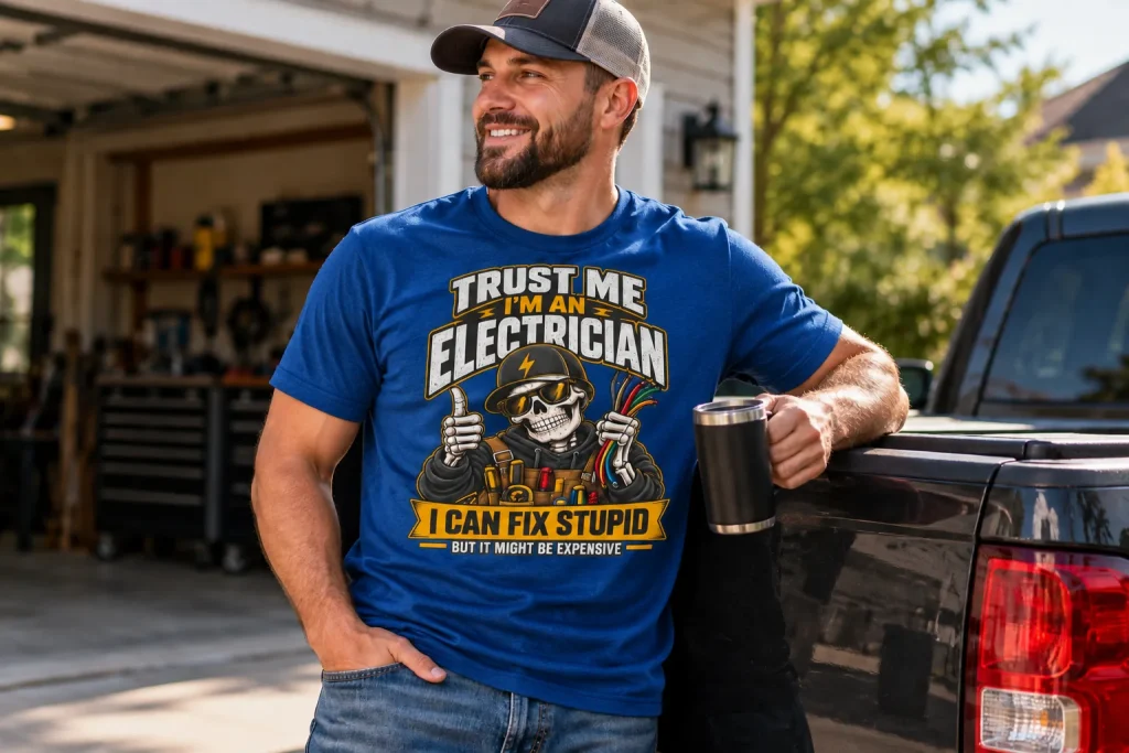 Man wearing a Forge & Field graphic T-shirt beside a pickup truck