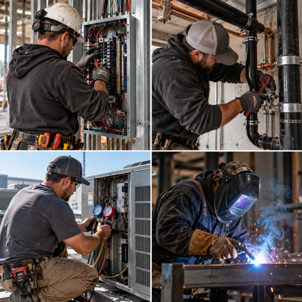 Electrician, plumber, HVAC technician, and welder working in their trades