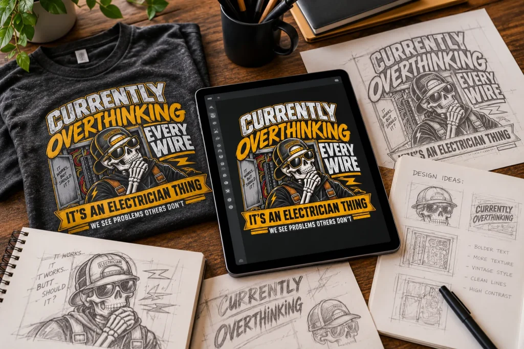 Electrician shirt artwork being developed at an apparel design workspace