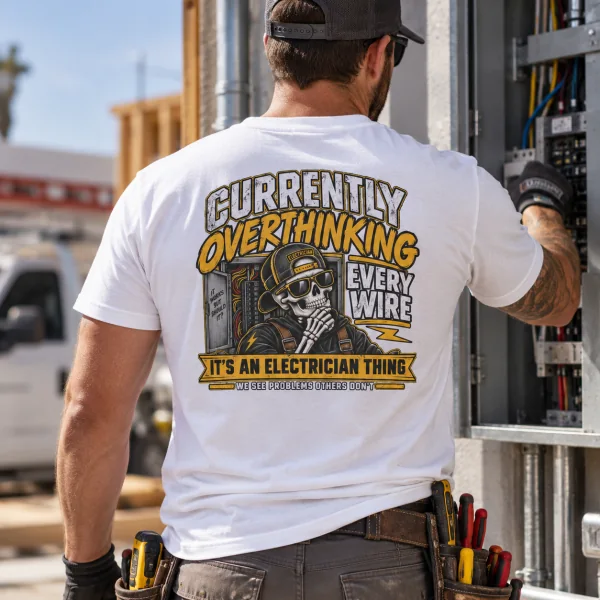 Electrician wearing a graphic T-shirt while working at an electrical panel