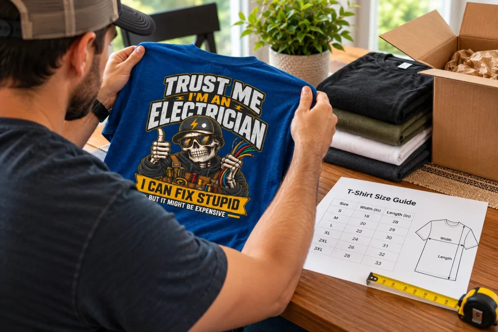 Customer reviewing the size of a Forge & Field electrician T-shirt