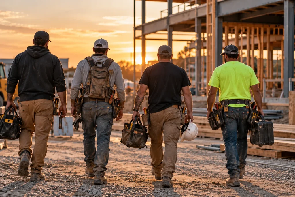 Skilled tradespeople leaving a construction site at the end of the workday