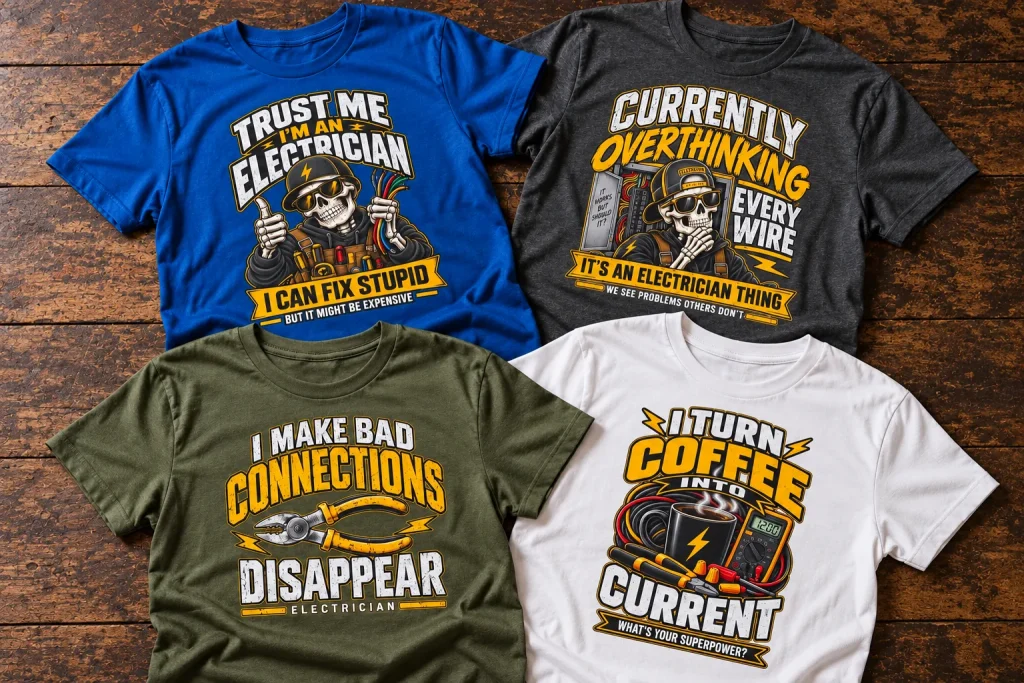 Four Forge & Field electrician graphic T-shirts displayed on a wooden surface
